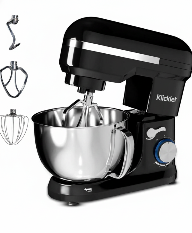 klicklet Royal Stand Mixer 1000W with 5L SS Bowl and 8 Speed Setting I Includes Whisking Cone, Mixing Beater & Dough Hook, and Splash Guard, 2 Years Warranty, (Black)